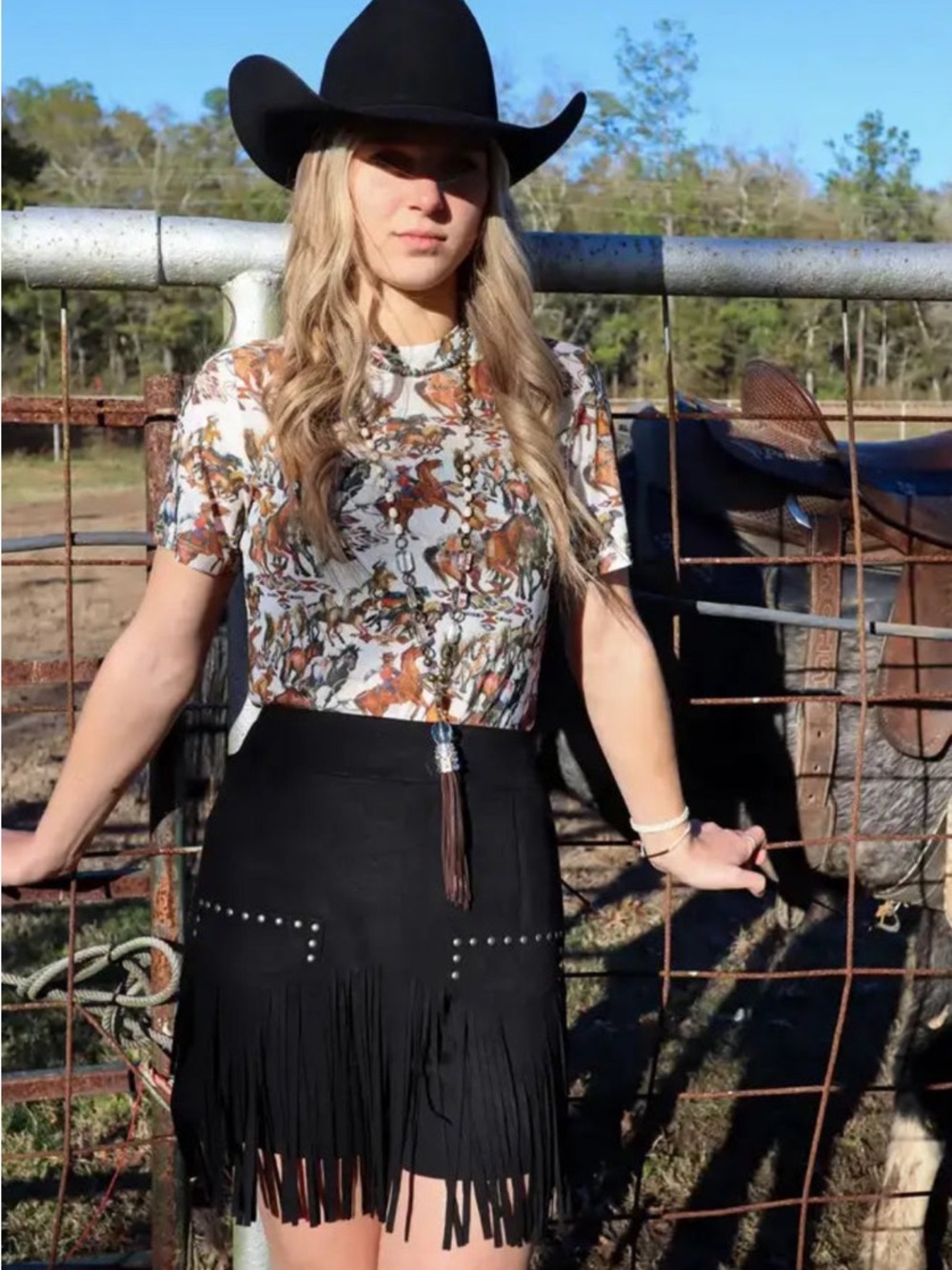 Merigold Kiss Western Horse Print Mesh SS Top Sheer Cowboy Aztec Rodeo Small